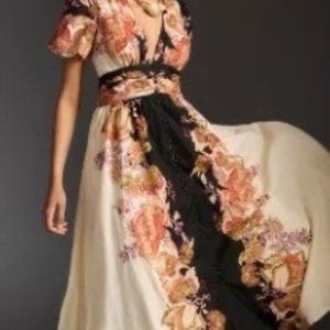 Anthropologie The Katerina Lurex Button-Front Dress BLACK MOTIF XL